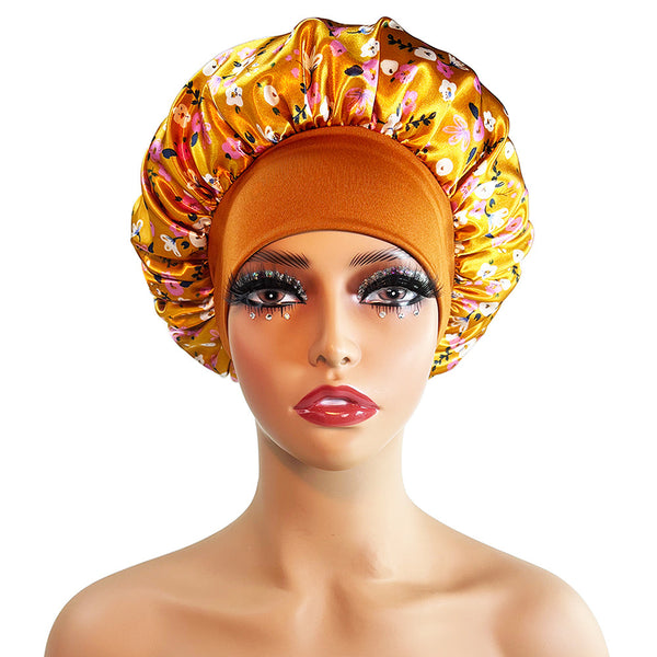 Wide-brimmed Satin Printing Nightcap Beauty Shower Cap Stretch