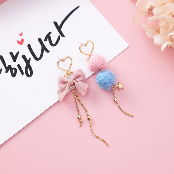925 silver needle sweet hair ball bow love tassel earrings girl heart ball asymmetric earrings