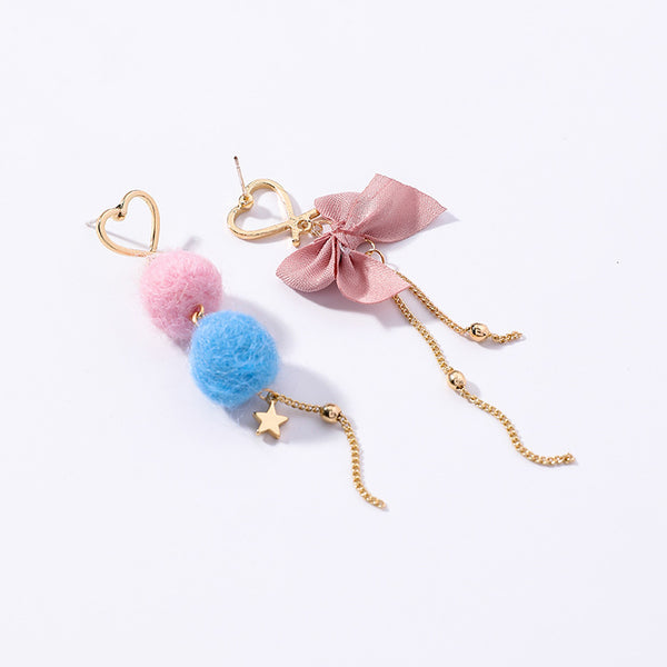 925 silver needle sweet hair ball bow love tassel earrings girl heart ball asymmetric earrings