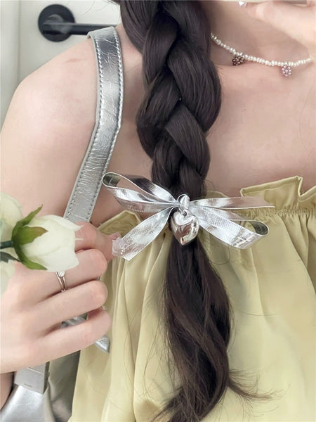 Silver Shiny Surface Bow Heart Temperamental Hair Bandclip All-match Hair Band Hair Accessories
