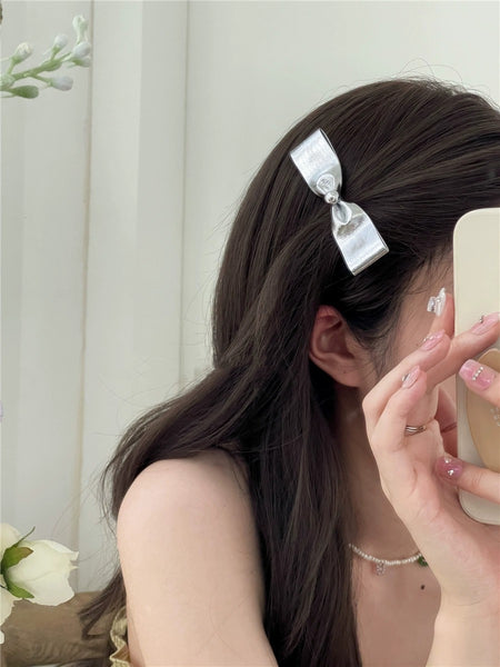 Silver Shiny Surface Bow Heart Temperamental Hair Bandclip All-match Hair Band Hair Accessories