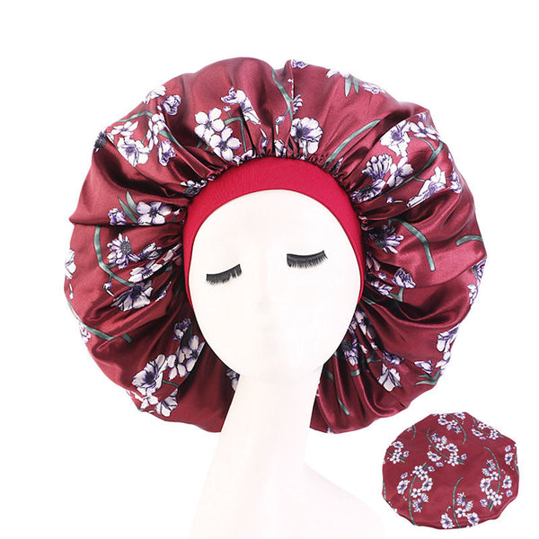 Extra Large Satin Print Nightcap Wide Edge Stretch Round Cap