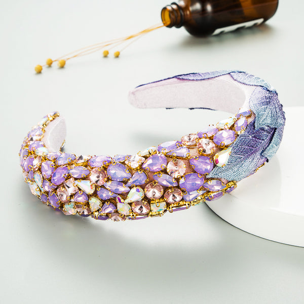 Creative Colorful Flannel Leaf Headband Women Inlaid Glass Rhinestones