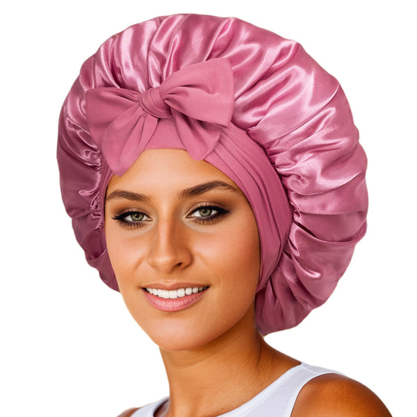 Double-layer Satin Ribbon Round Cap Bow Artificial Silk Beauty Hair Care Wide-brimmed Hat