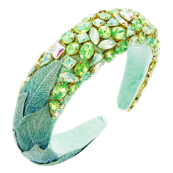 Creative Colorful Flannel Leaf Headband Women Inlaid Glass Rhinestones