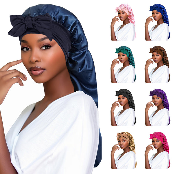 Bow Long Tail Nightcap High Elastic Women's Satin Toupee Long Ribbon Shower Cap