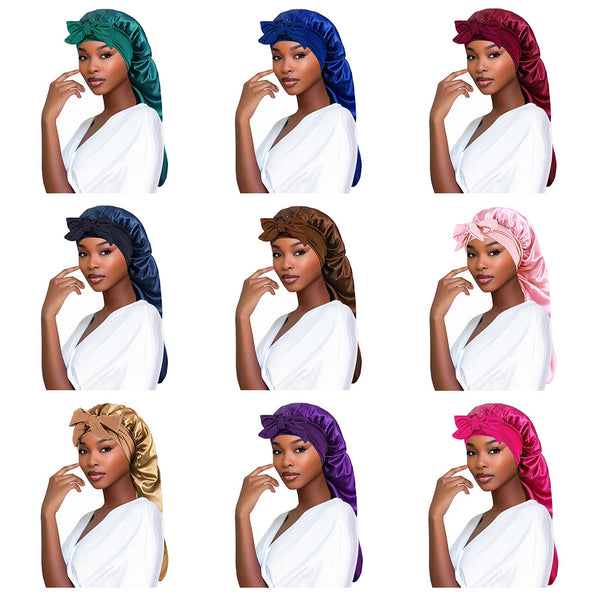 Bow Long Tail Nightcap High Elastic Women's Satin Toupee Long Ribbon Shower Cap