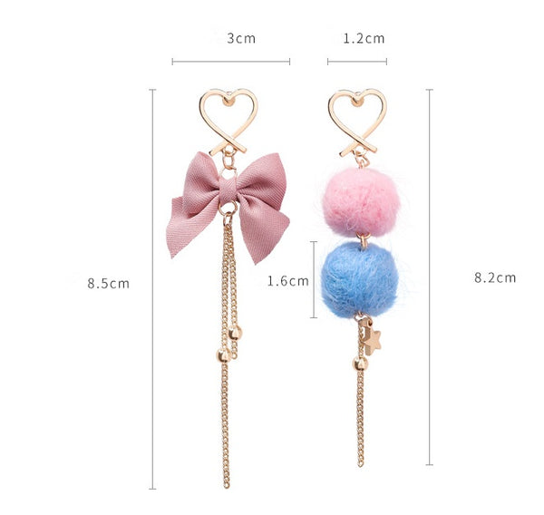 925 silver needle sweet hair ball bow love tassel earrings girl heart ball asymmetric earrings