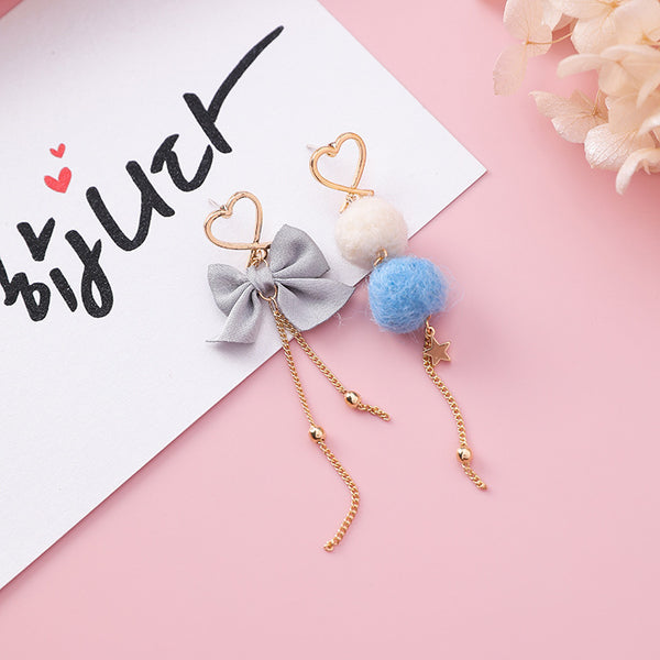 925 silver needle sweet hair ball bow love tassel earrings girl heart ball asymmetric earrings