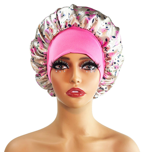 Wide-brimmed Satin Printing Nightcap Beauty Shower Cap Stretch