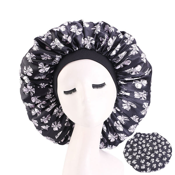 Extra Large Satin Print Nightcap Wide Edge Stretch Round Cap
