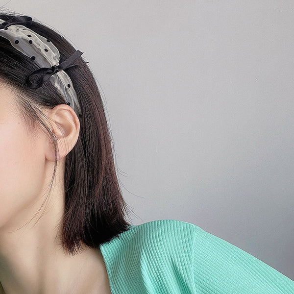 Lace Gauze Chiffon Polka Dot Retro Bow Headband Hair Accessories Women
