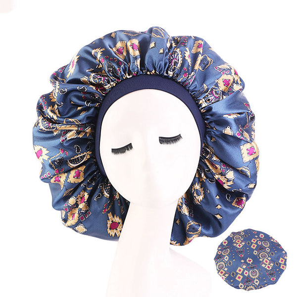 Extra Large Satin Print Nightcap Wide Edge Stretch Round Cap