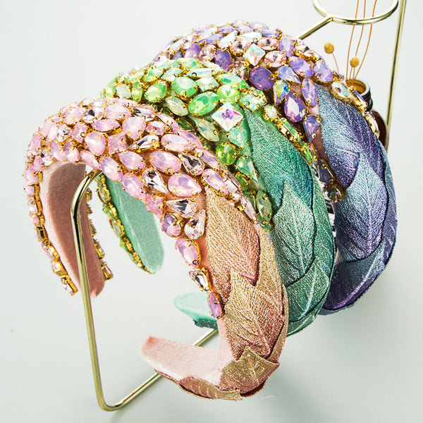 Creative Colorful Flannel Leaf Headband Women Inlaid Glass Rhinestones