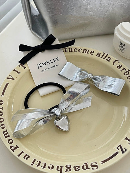Silver Shiny Surface Bow Heart Temperamental Hair Bandclip All-match Hair Band Hair Accessories