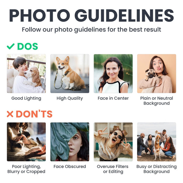 Photo guidelines for custom memorial keychain, including clear face and avoiding blurry photos.